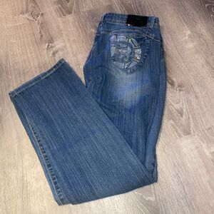 Ecko Red Denim Size 11 waist 32 Rhino Logo Rhinestone Pockets.